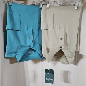 LL Bean 100% Cotton Short Sleeve Polo Shirts Mens Size Large Tan Teal Lot Of 2